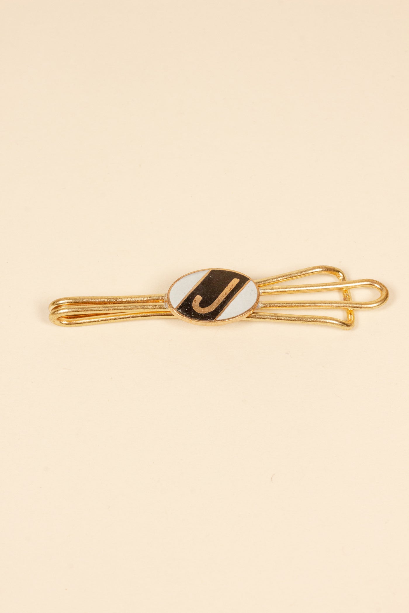 1930/1940s ENAMELED NEW OLD STOCK BRASS TIE CLIPS WITH INITIAL, LETTER "J"