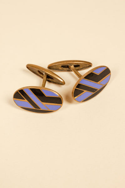 1920/1930'S BRASS CUFFLINKS WITH BLUE AND BLACK DECORATION
