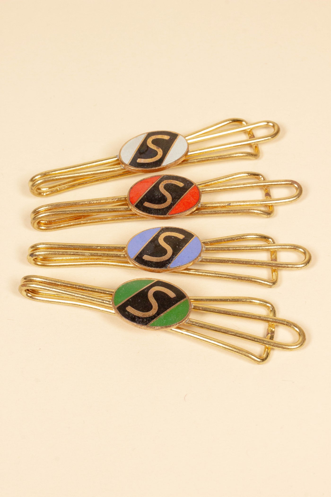 1930/1940s ENAMELED NEW OLD STOCK BRASS TIE CLIPS WITH INITIAL, LETTER "S"