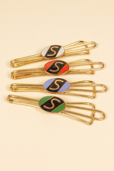 1930/1940s ENAMELED NEW OLD STOCK BRASS TIE CLIPS WITH INITIAL, LETTER "S"