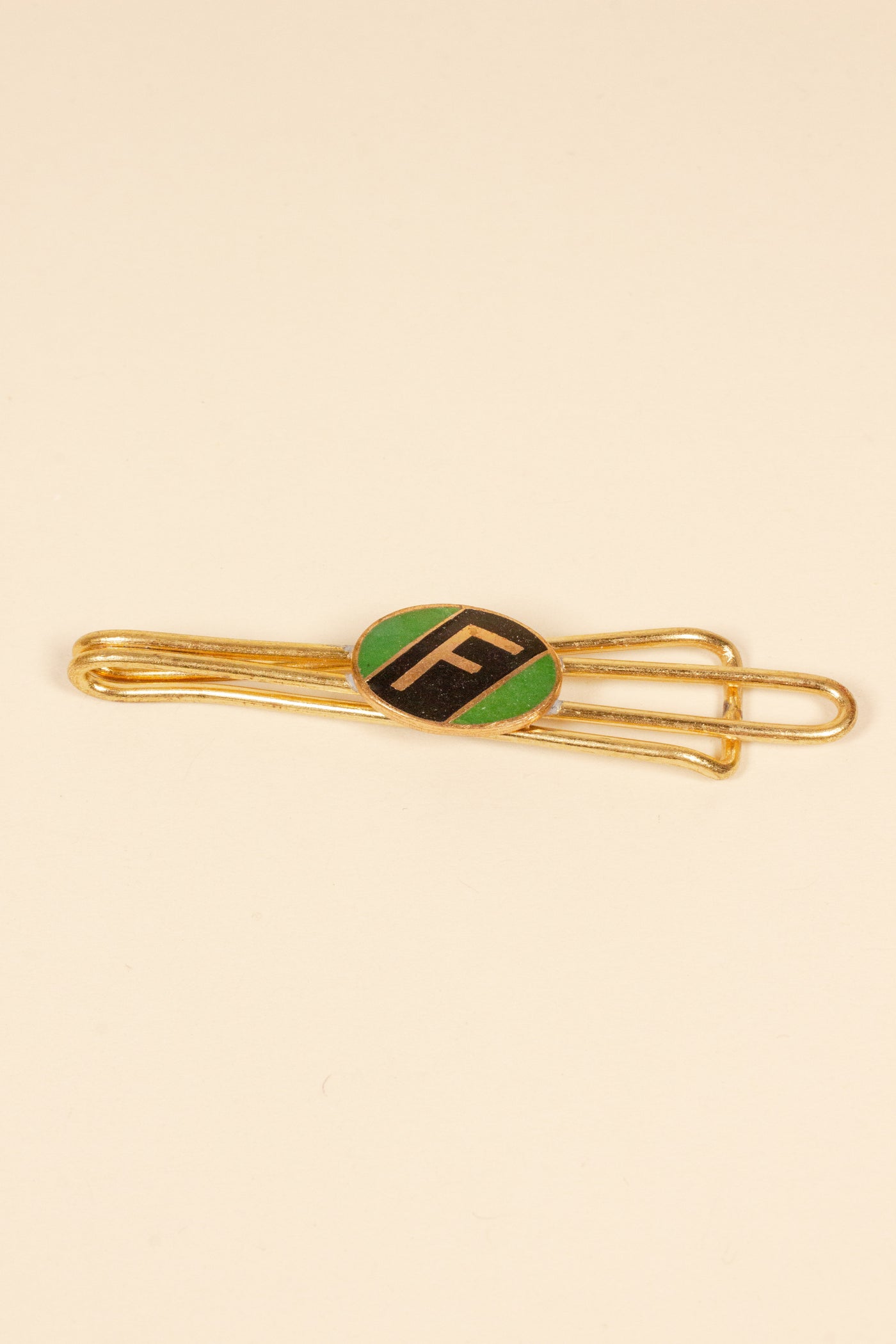 1930/1940s ENAMELED NEW OLD STOCK BRASS TIE CLIPS WITH INITIAL, LETTER "F"