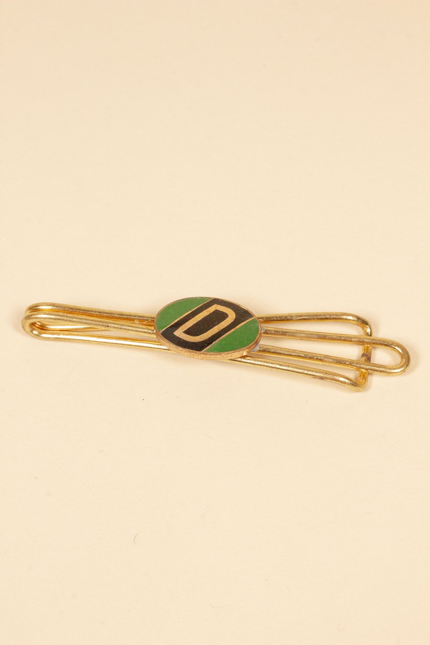 1930/1940s ENAMELED NEW OLD STOCK BRASS TIE CLIPS WITH INITIAL, LETTER "D"