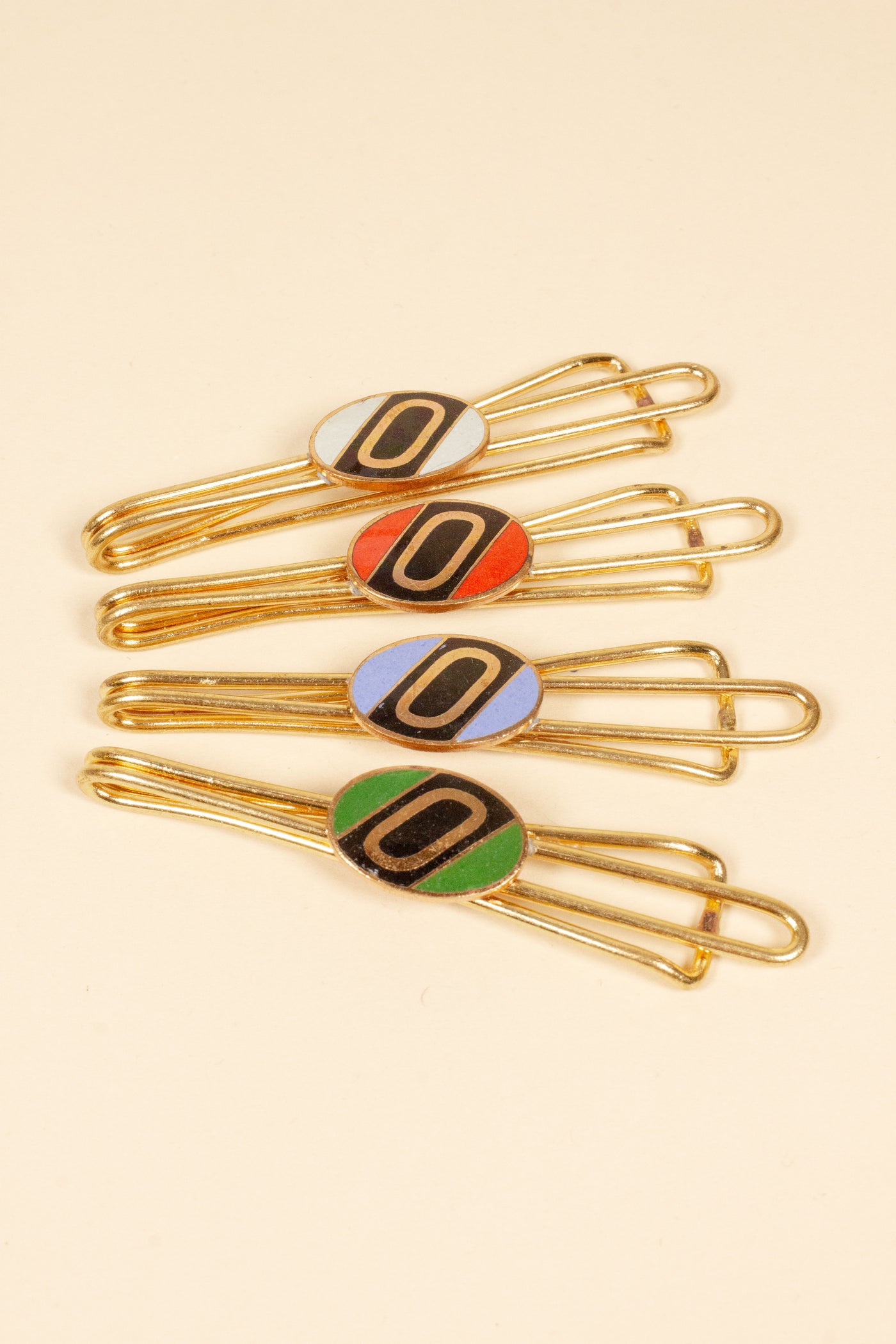 1930/1940s ENAMELED NEW OLD STOCK BRASS TIE CLIPS WITH INITIAL, LETTER "O"