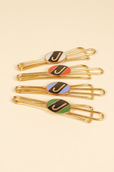 1930/1940s ENAMELED NEW OLD STOCK BRASS TIE CLIPS WITH INITIAL, LETTER "J"