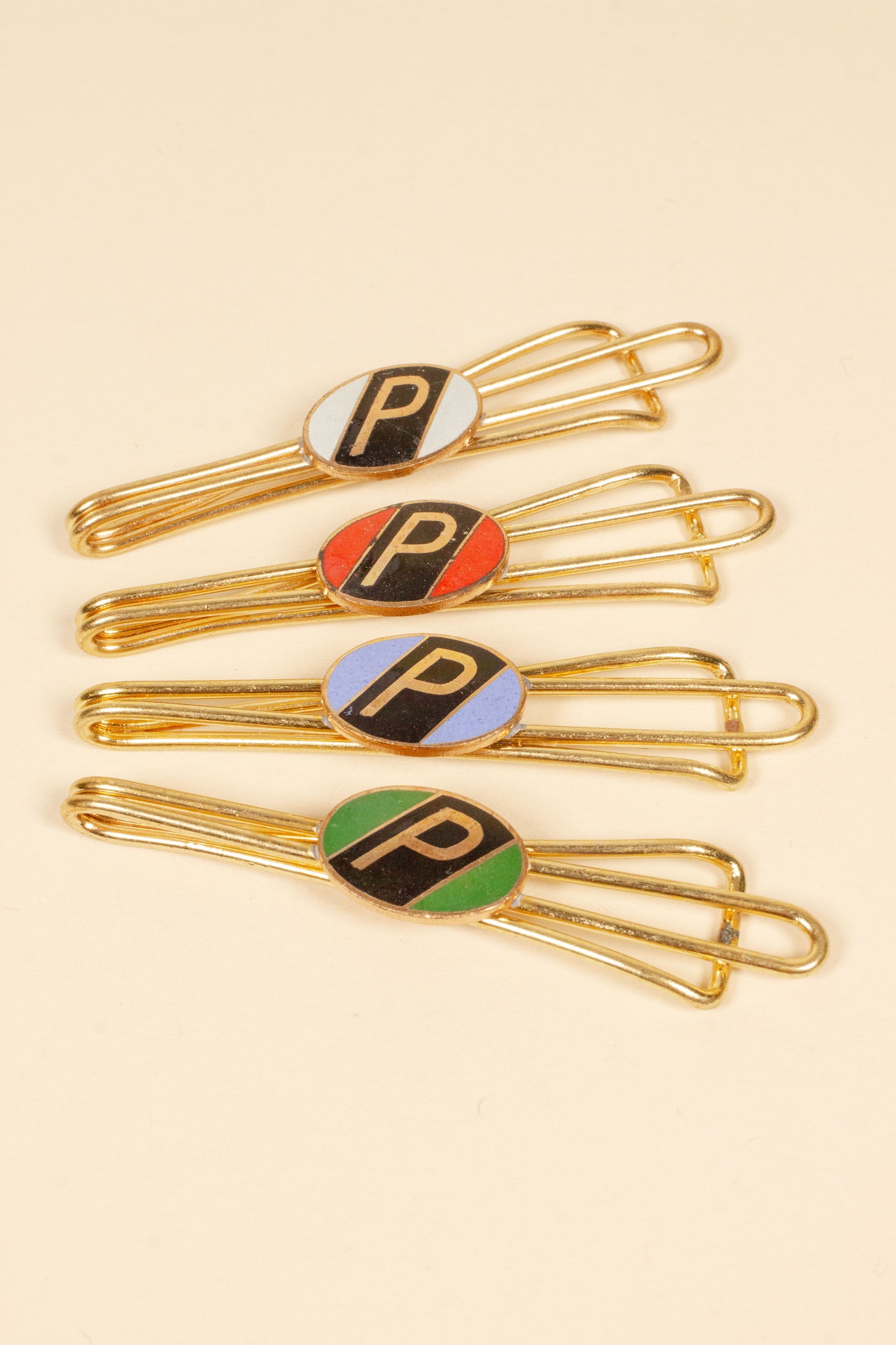 1930/1940s ENAMELED NEW OLD STOCK BRASS TIE CLIPS WITH INITIAL, LETTER "P"