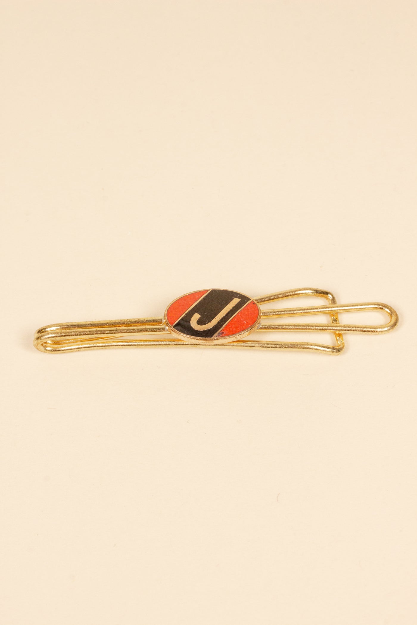 1930/1940s ENAMELED NEW OLD STOCK BRASS TIE CLIPS WITH INITIAL, LETTER "J"