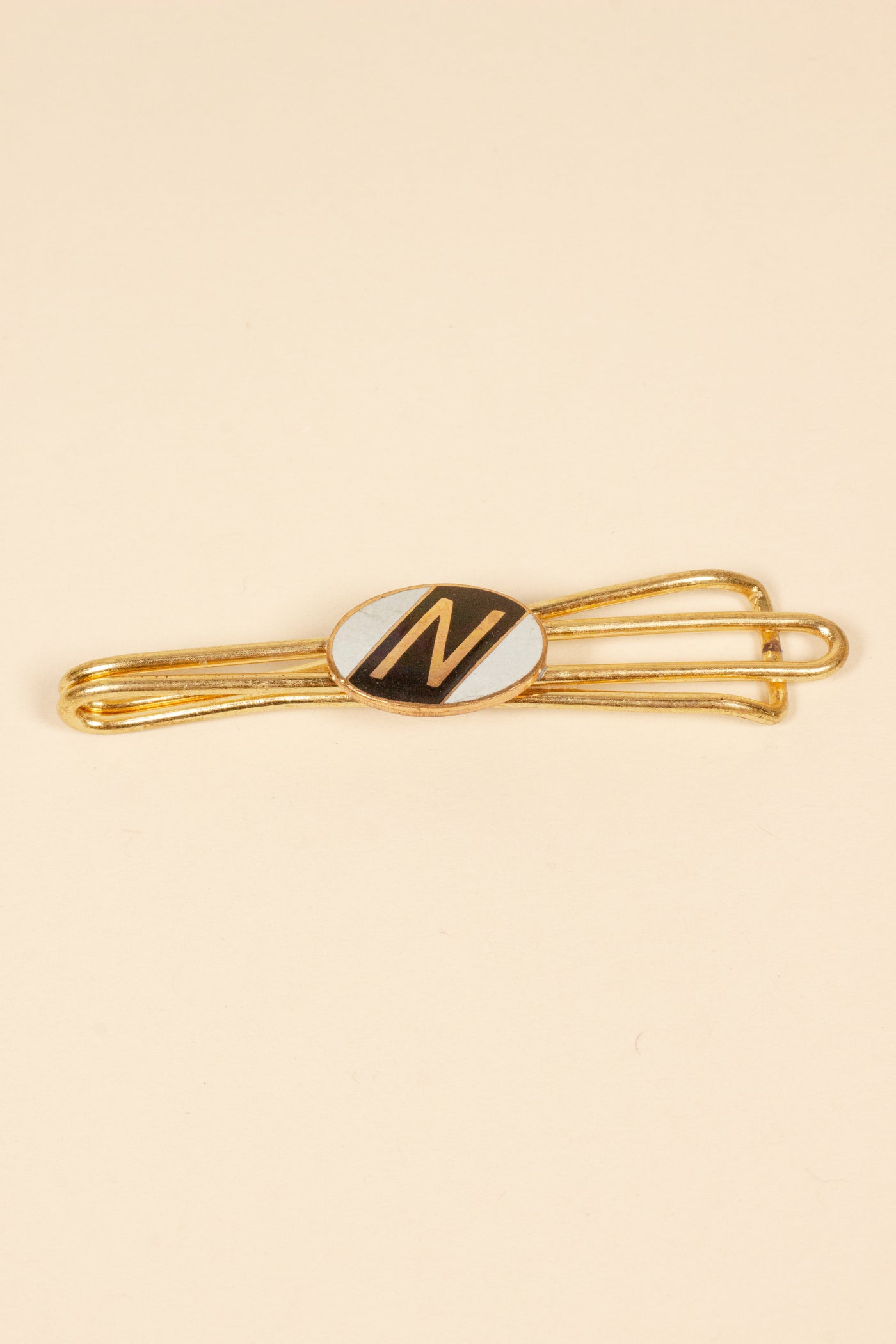 1930/1940s ENAMELED NEW OLD STOCK BRASS TIE CLIPS WITH INITIAL, LETTER "N"