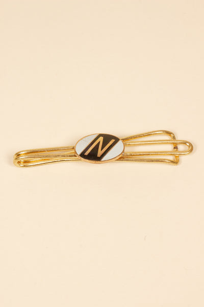 1930/1940s ENAMELED NEW OLD STOCK BRASS TIE CLIPS WITH INITIAL, LETTER "N"