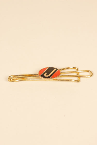 1930/1940s ENAMELED NEW OLD STOCK BRASS TIE CLIPS WITH INITIAL, LETTER "J"