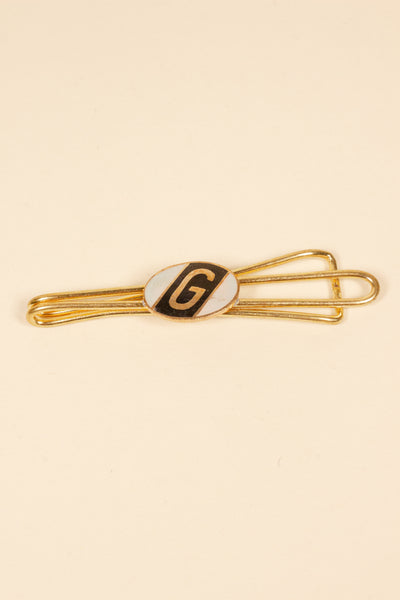 1930/1940s ENAMELED NEW OLD STOCK BRASS TIE CLIPS WITH INITIAL, LETTER "G"