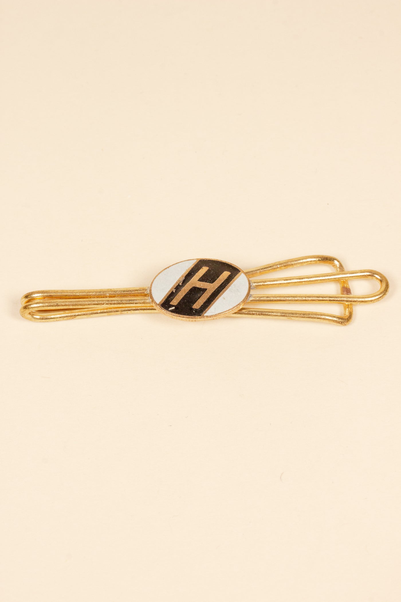 1930/1940s ENAMELED NEW OLD STOCK BRASS TIE CLIPS WITH INITIAL, LETTER "H"