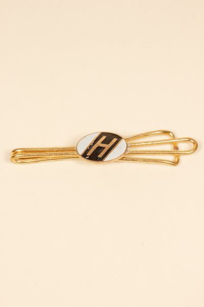 1930/1940s ENAMELED NEW OLD STOCK BRASS TIE CLIPS WITH INITIAL, LETTER "H"