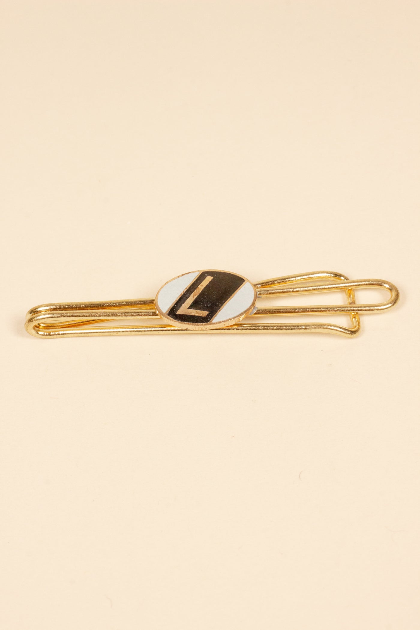 1930/1940s ENAMELED NEW OLD STOCK BRASS TIE CLIPS WITH INITIAL, LETTER "L"