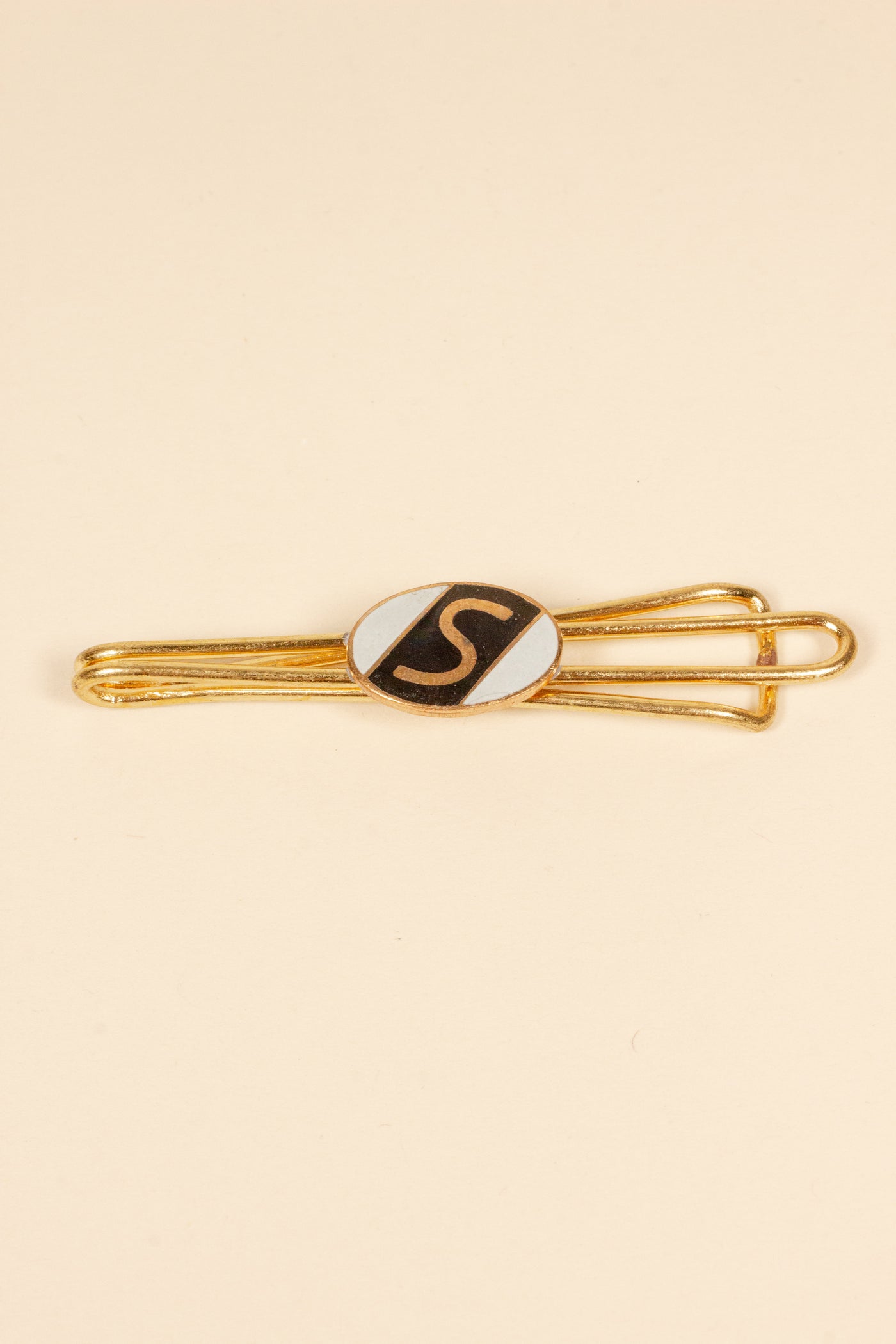 1930/1940s ENAMELED NEW OLD STOCK BRASS TIE CLIPS WITH INITIAL, LETTER "S"