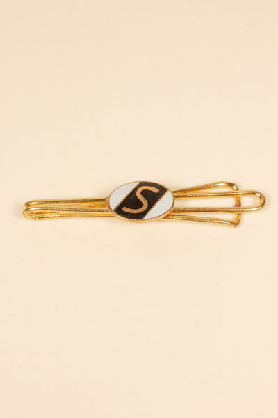1930/1940s ENAMELED NEW OLD STOCK BRASS TIE CLIPS WITH INITIAL, LETTER "S"