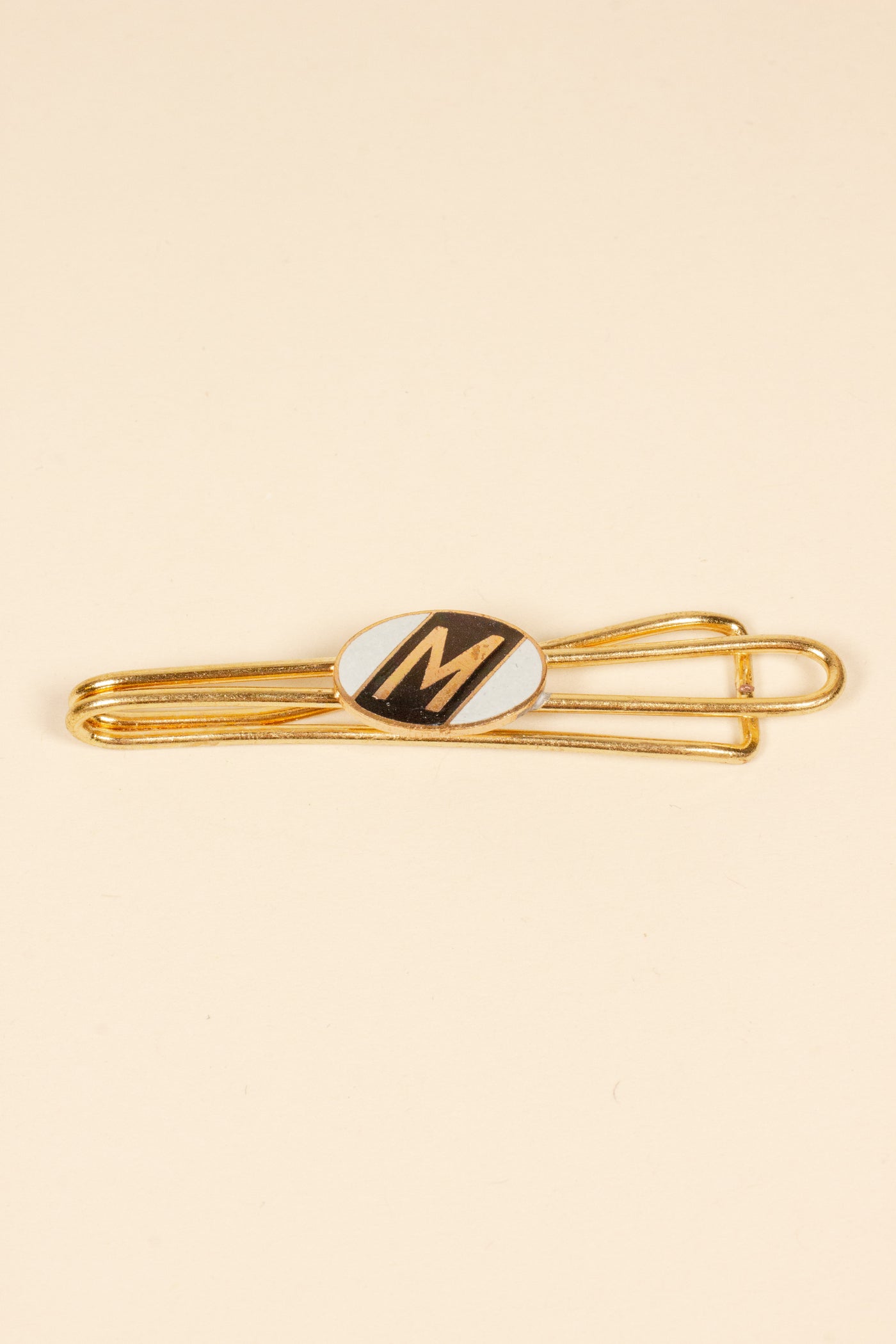 1930/1940s ENAMELED NEW OLD STOCK BRASS TIE CLIPS WITH INITIAL, LETTER "M"