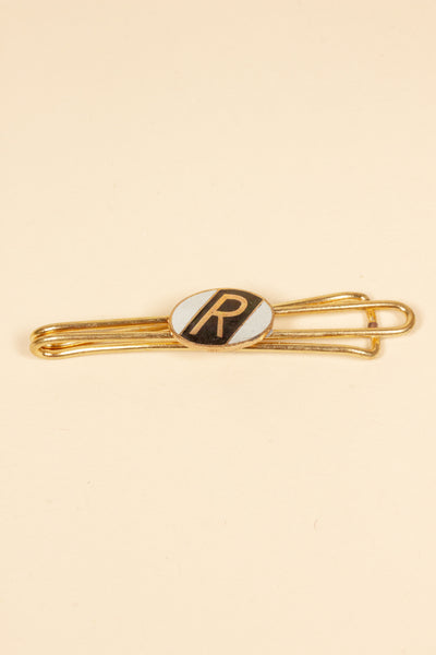 1930/1940s ENAMELED NEW OLD STOCK BRASS TIE CLIPS WITH INITIAL, LETTER "R"