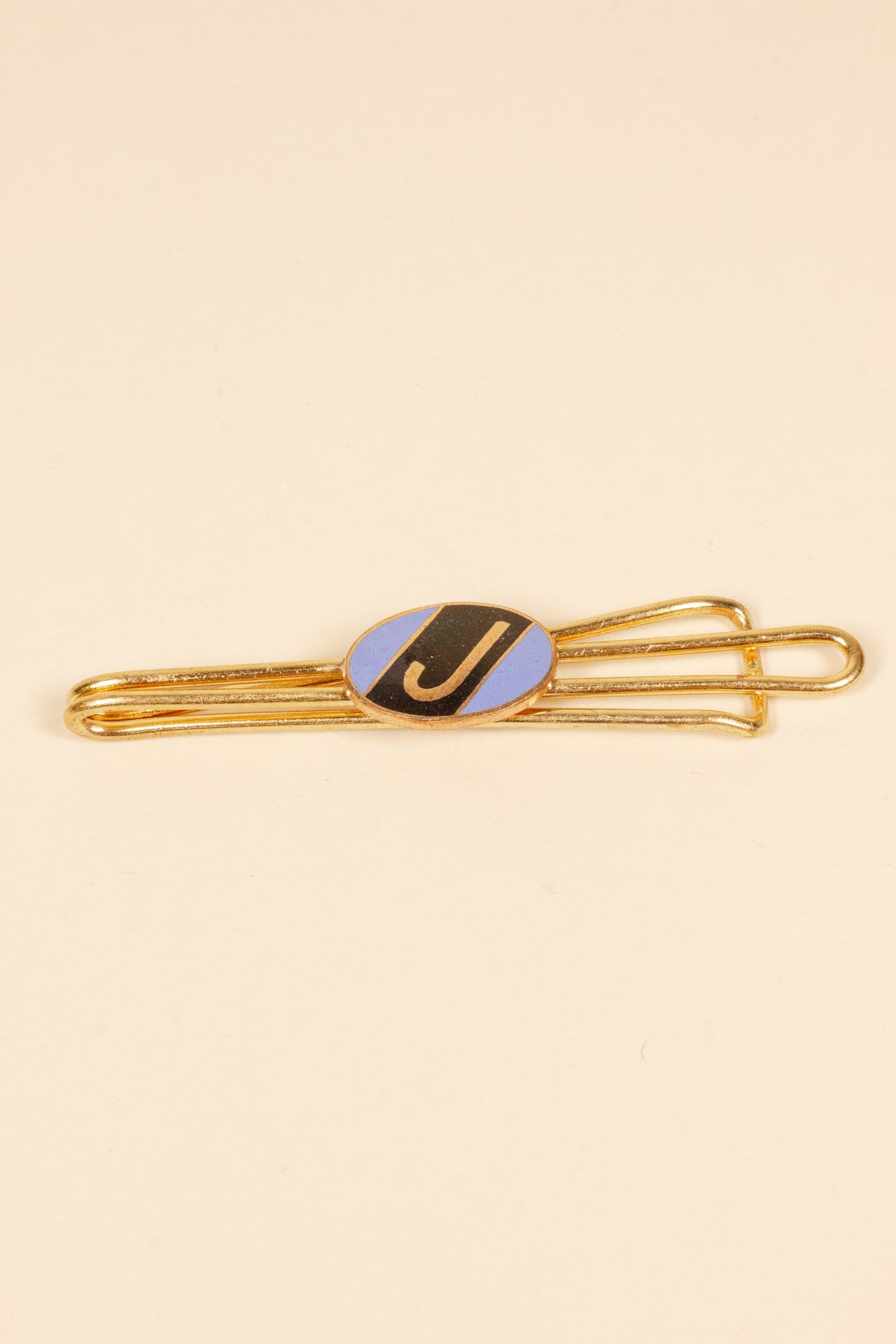 1930/1940s ENAMELED NEW OLD STOCK BRASS TIE CLIPS WITH INITIAL, LETTER "J"