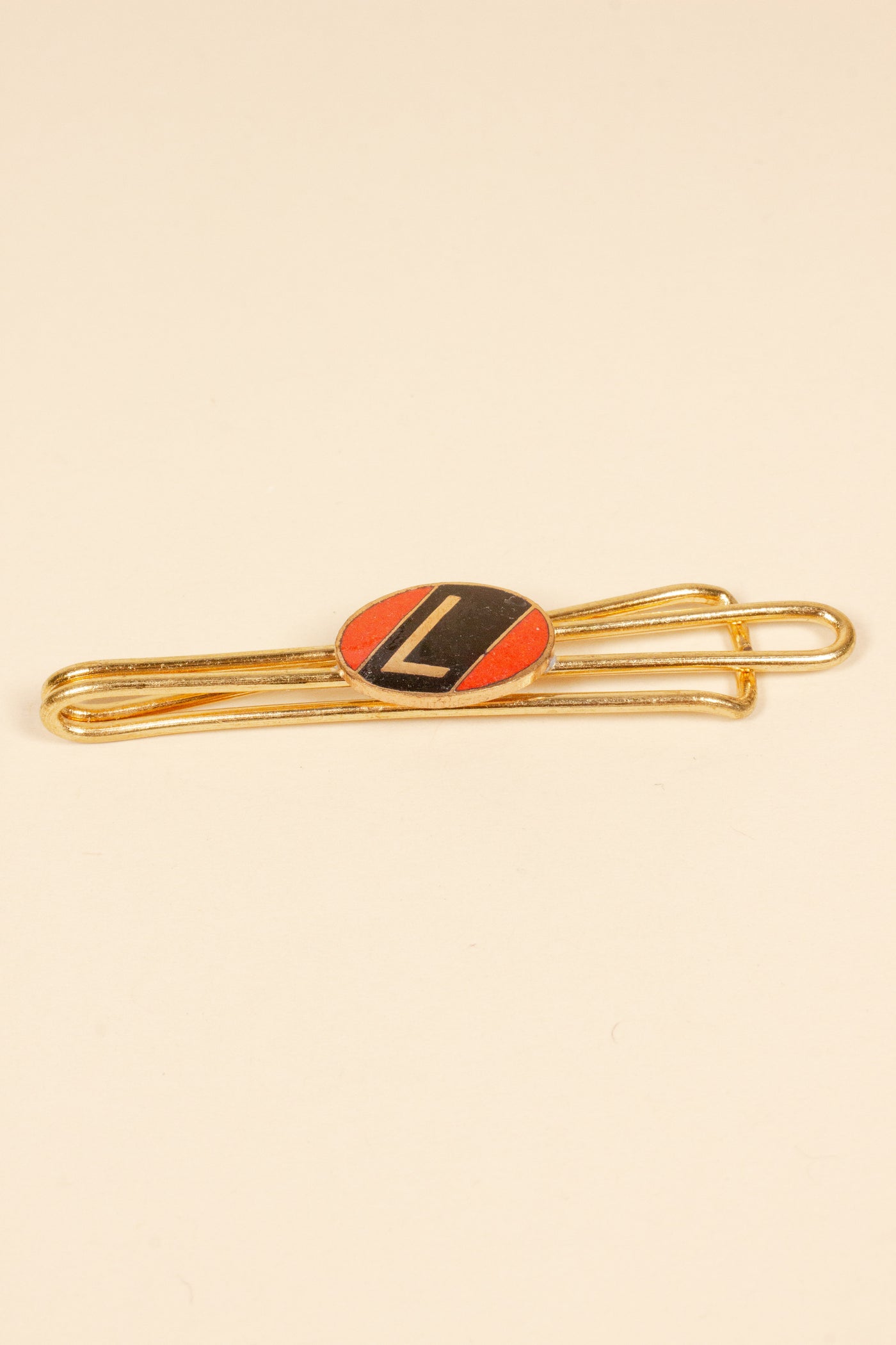 1930/1940s ENAMELED NEW OLD STOCK BRASS TIE CLIPS WITH INITIAL, LETTER "L"