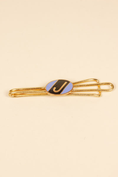 1930/1940s ENAMELED NEW OLD STOCK BRASS TIE CLIPS WITH INITIAL, LETTER "J"