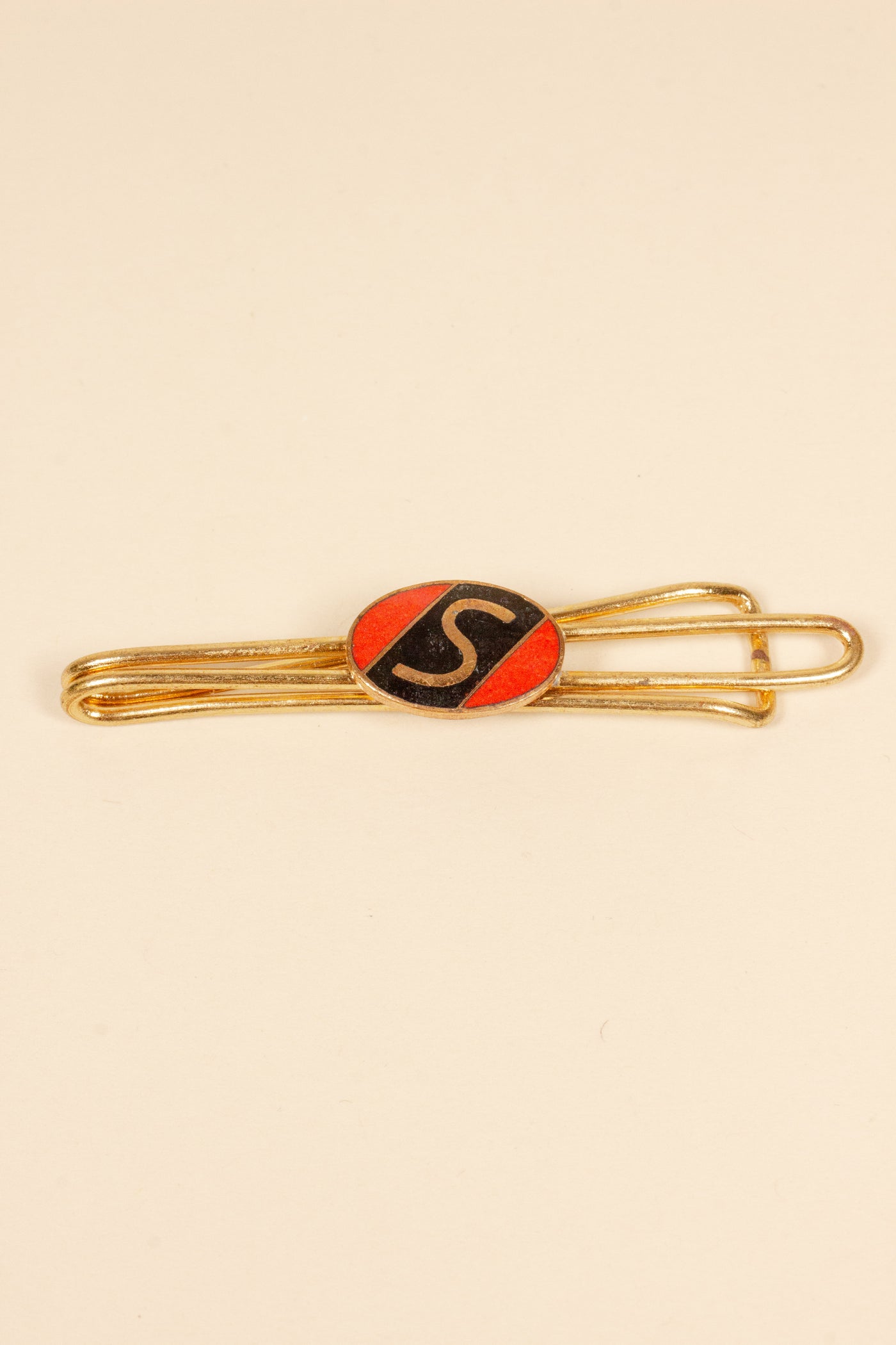 1930/1940s ENAMELED NEW OLD STOCK BRASS TIE CLIPS WITH INITIAL, LETTER "S"