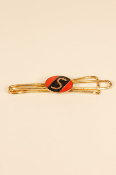 1930/1940s ENAMELED NEW OLD STOCK BRASS TIE CLIPS WITH INITIAL, LETTER "S"