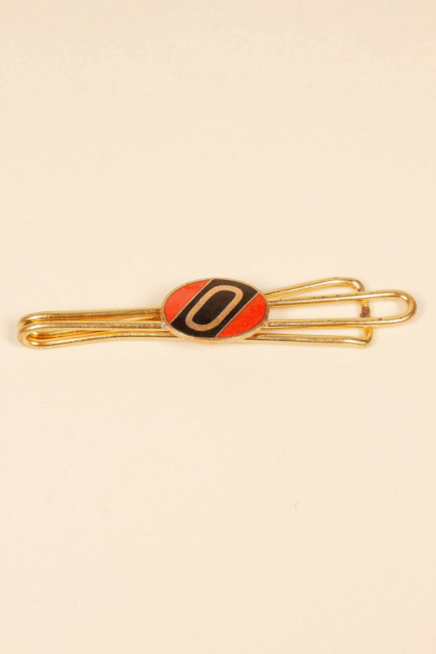1930/1940s ENAMELED NEW OLD STOCK BRASS TIE CLIPS WITH INITIAL, LETTER "O"