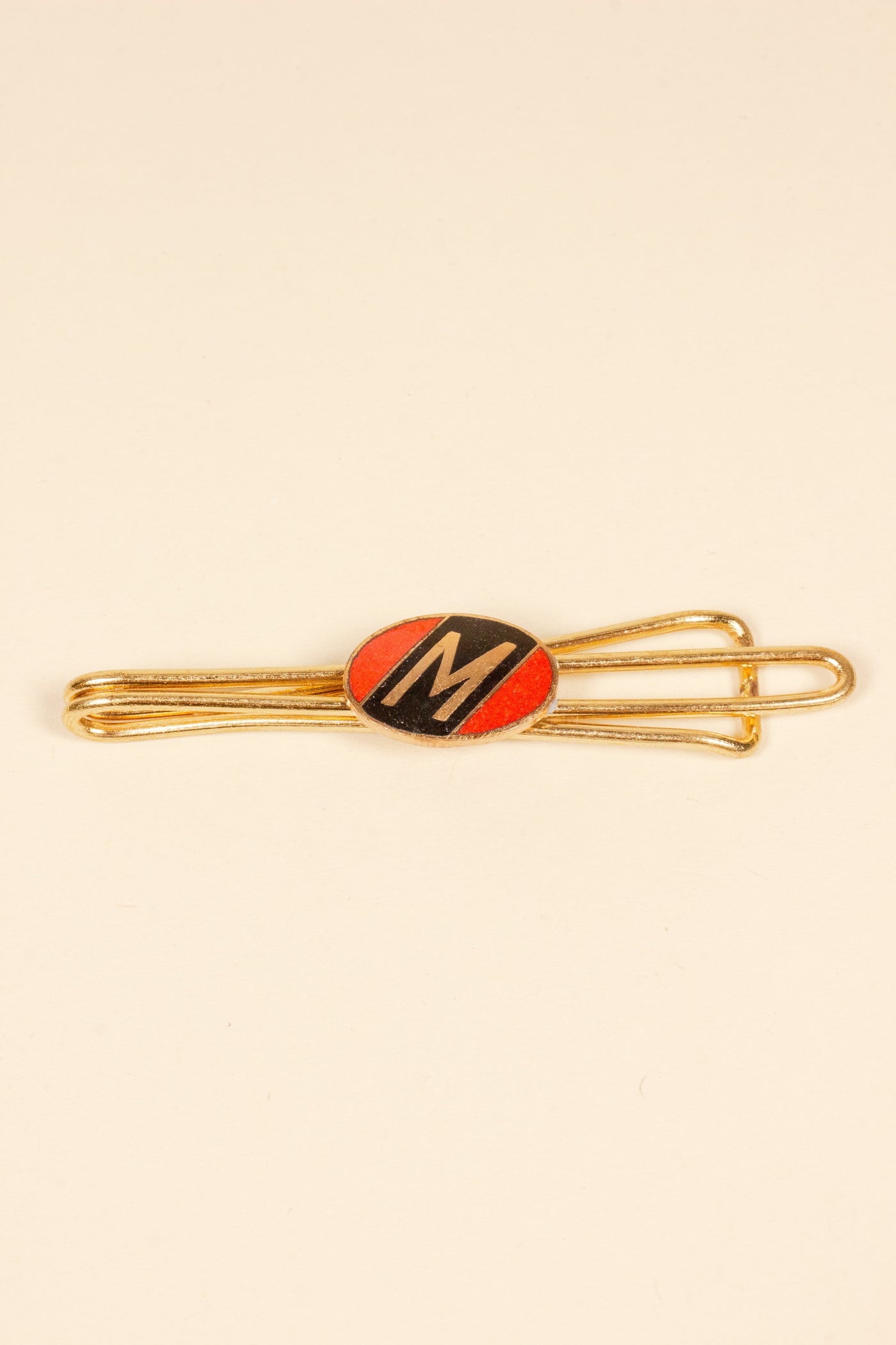 1930/1940s ENAMELED NEW OLD STOCK BRASS TIE CLIPS WITH INITIAL, LETTER "M"