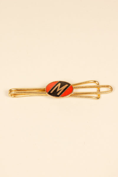 1930/1940s ENAMELED NEW OLD STOCK BRASS TIE CLIPS WITH INITIAL, LETTER "M"