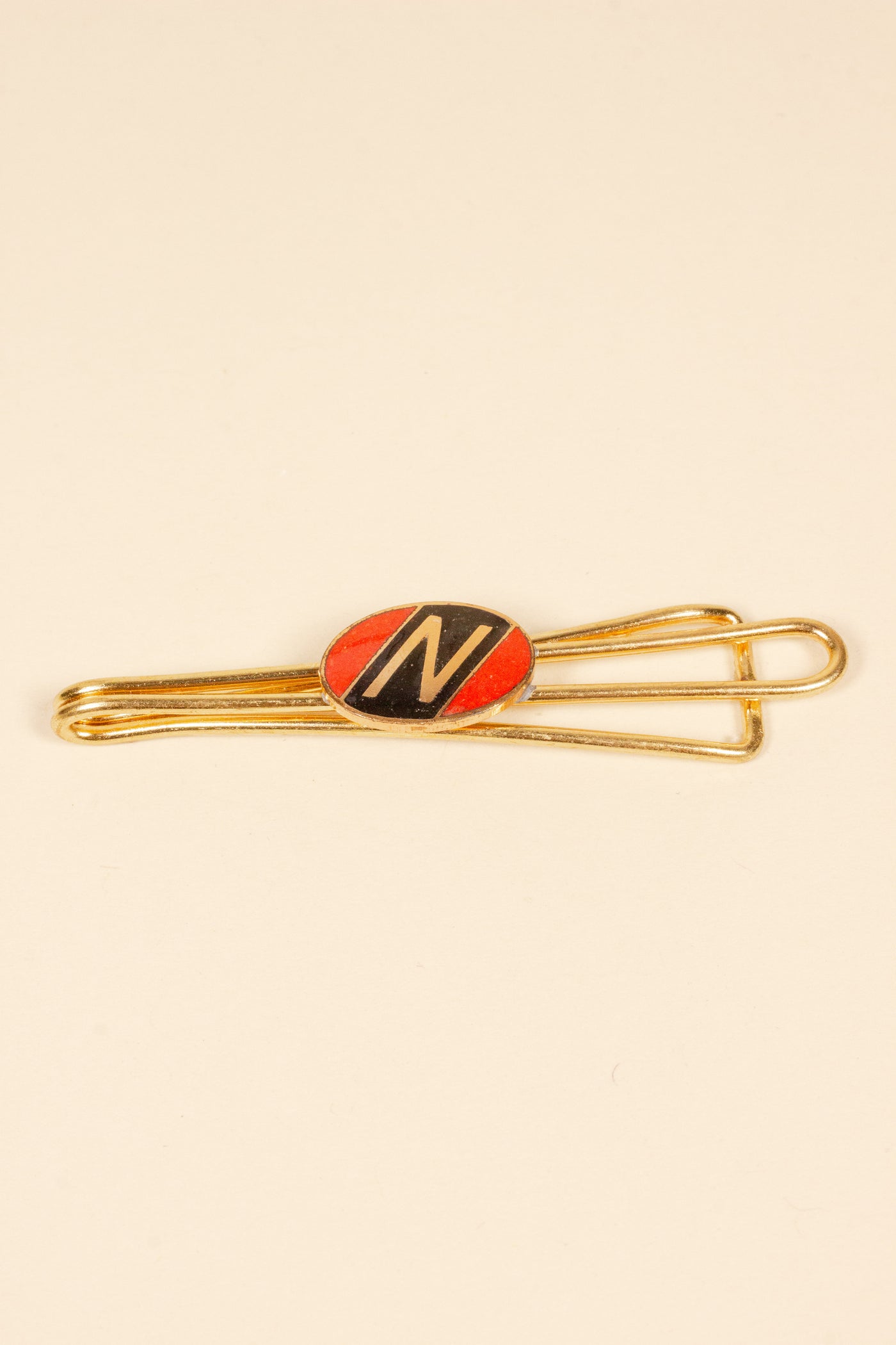 1930/1940s ENAMELED NEW OLD STOCK BRASS TIE CLIPS WITH INITIAL, LETTER "N"