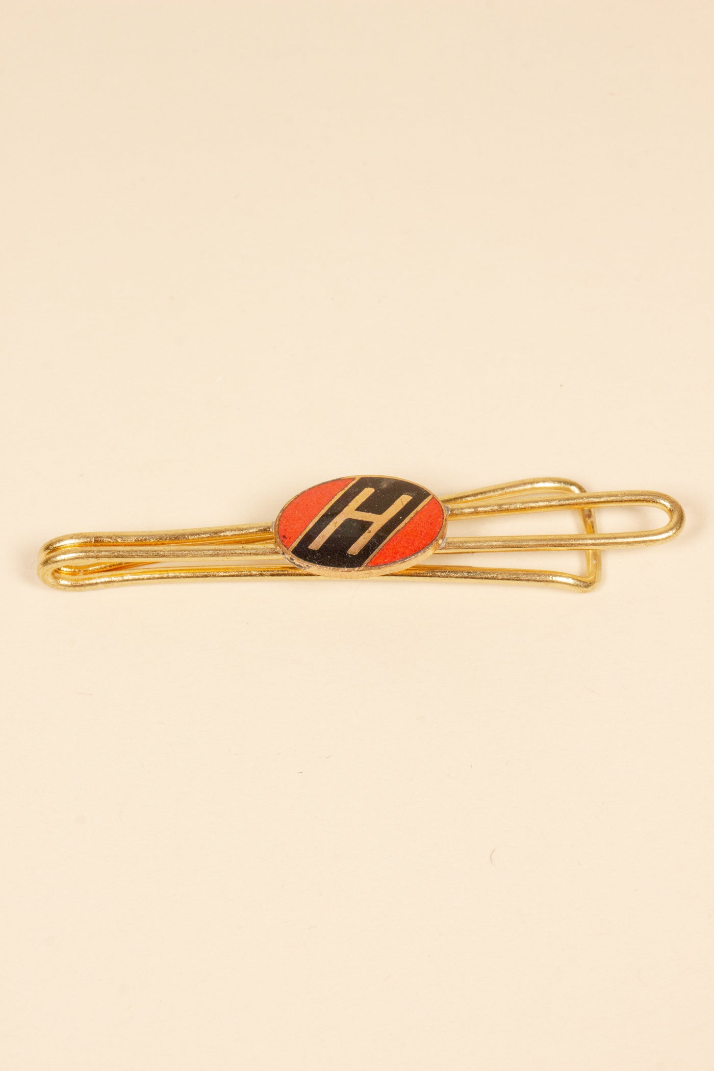 1930/1940s ENAMELED NEW OLD STOCK BRASS TIE CLIPS WITH INITIAL, LETTER "H"