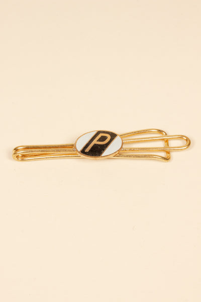 1930/1940s ENAMELED NEW OLD STOCK BRASS TIE CLIPS WITH INITIAL, LETTER "P"