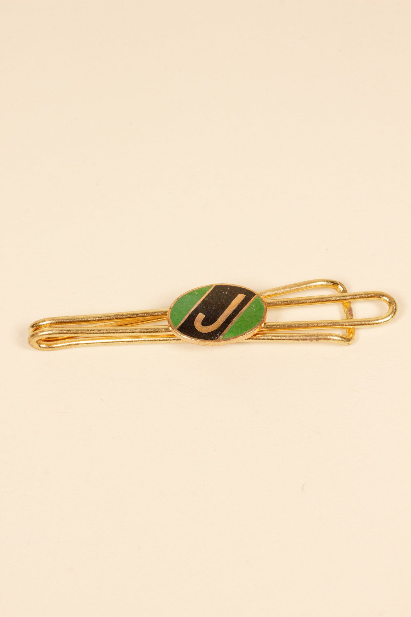 1930/1940s ENAMELED NEW OLD STOCK BRASS TIE CLIPS WITH INITIAL, LETTER "J"