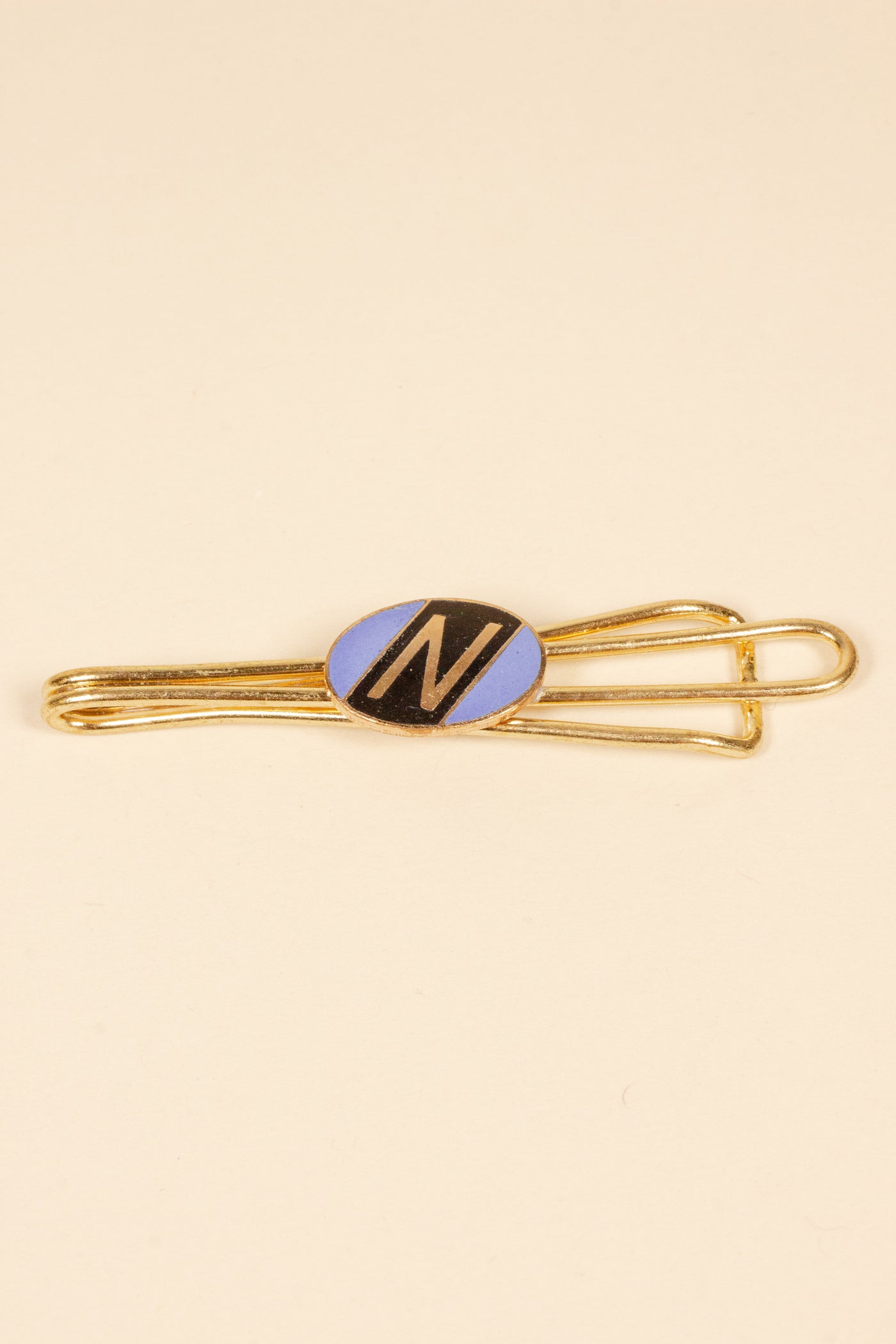 1930/1940s ENAMELED NEW OLD STOCK BRASS TIE CLIPS WITH INITIAL, LETTER "N"