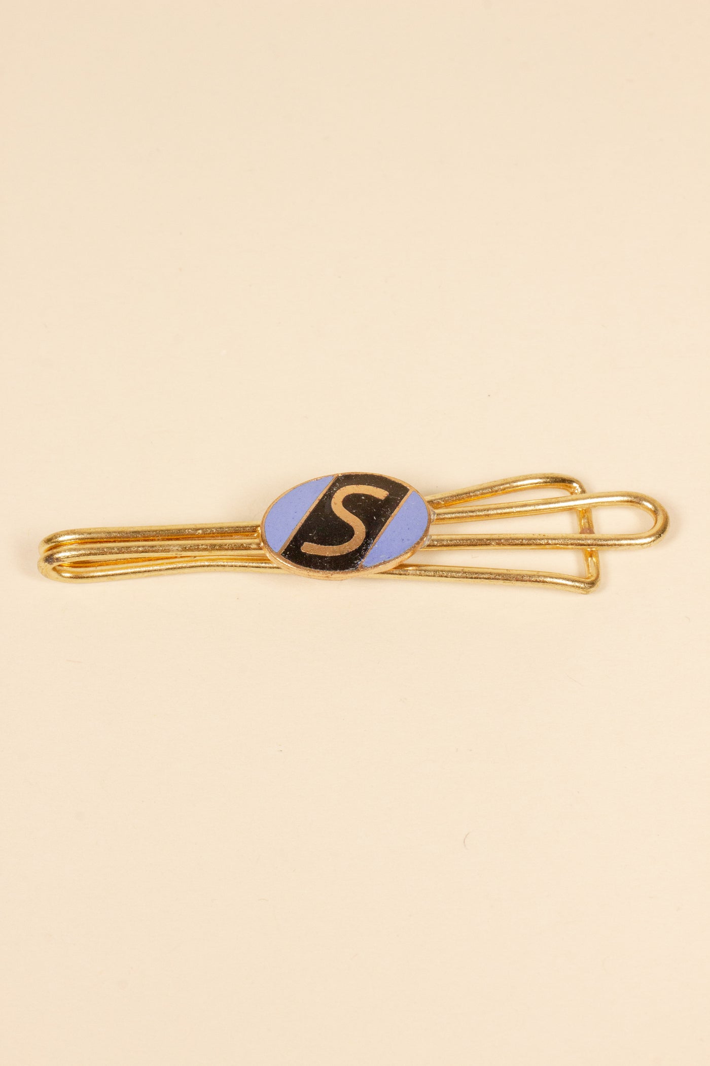 1930/1940s ENAMELED NEW OLD STOCK BRASS TIE CLIPS WITH INITIAL, LETTER "S"