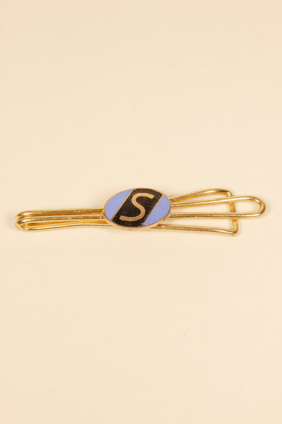 1930/1940s ENAMELED NEW OLD STOCK BRASS TIE CLIPS WITH INITIAL, LETTER "S"