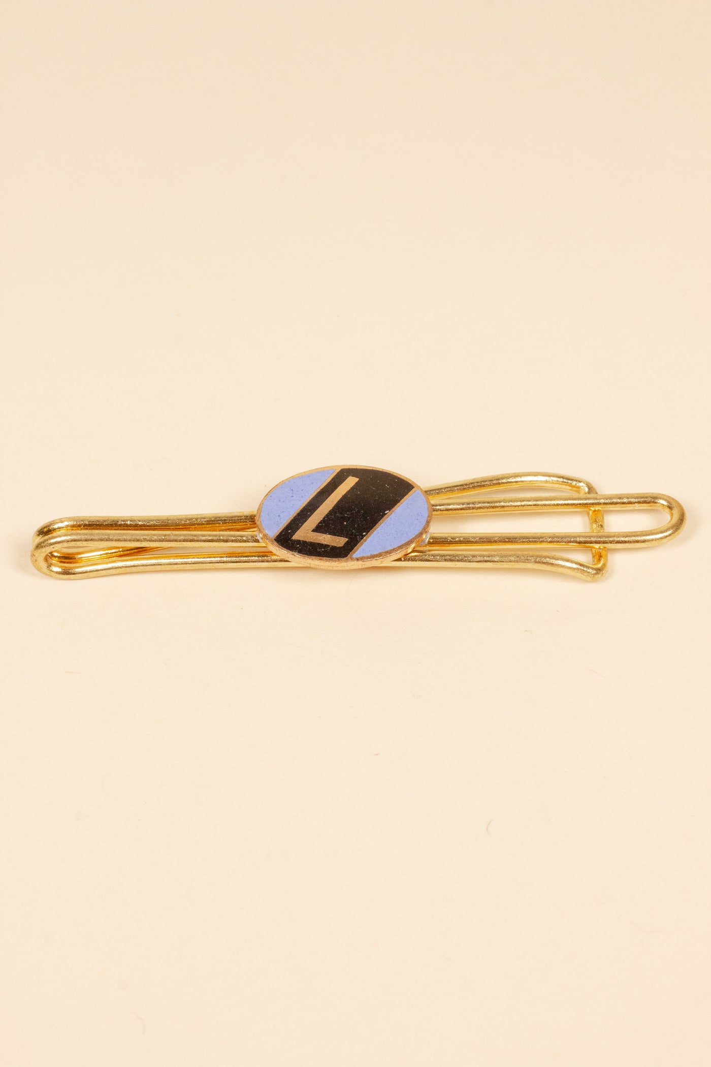 1930/1940s ENAMELED NEW OLD STOCK BRASS TIE CLIPS WITH INITIAL, LETTER "L"