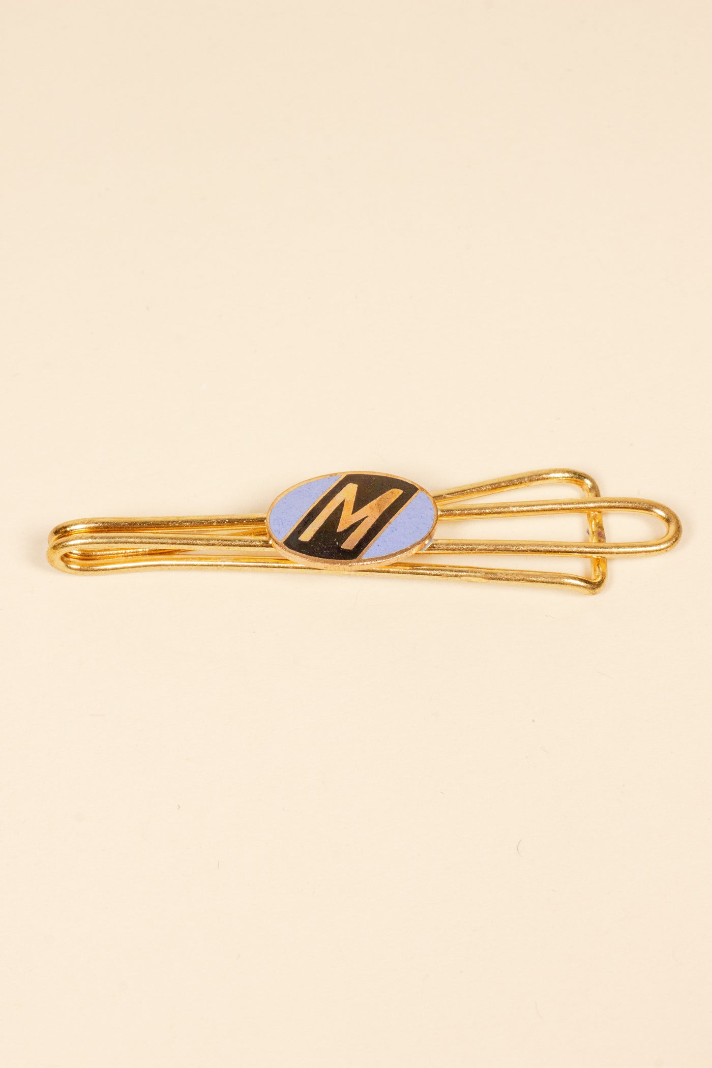 1930/1940s ENAMELED NEW OLD STOCK BRASS TIE CLIPS WITH INITIAL, LETTER "M"