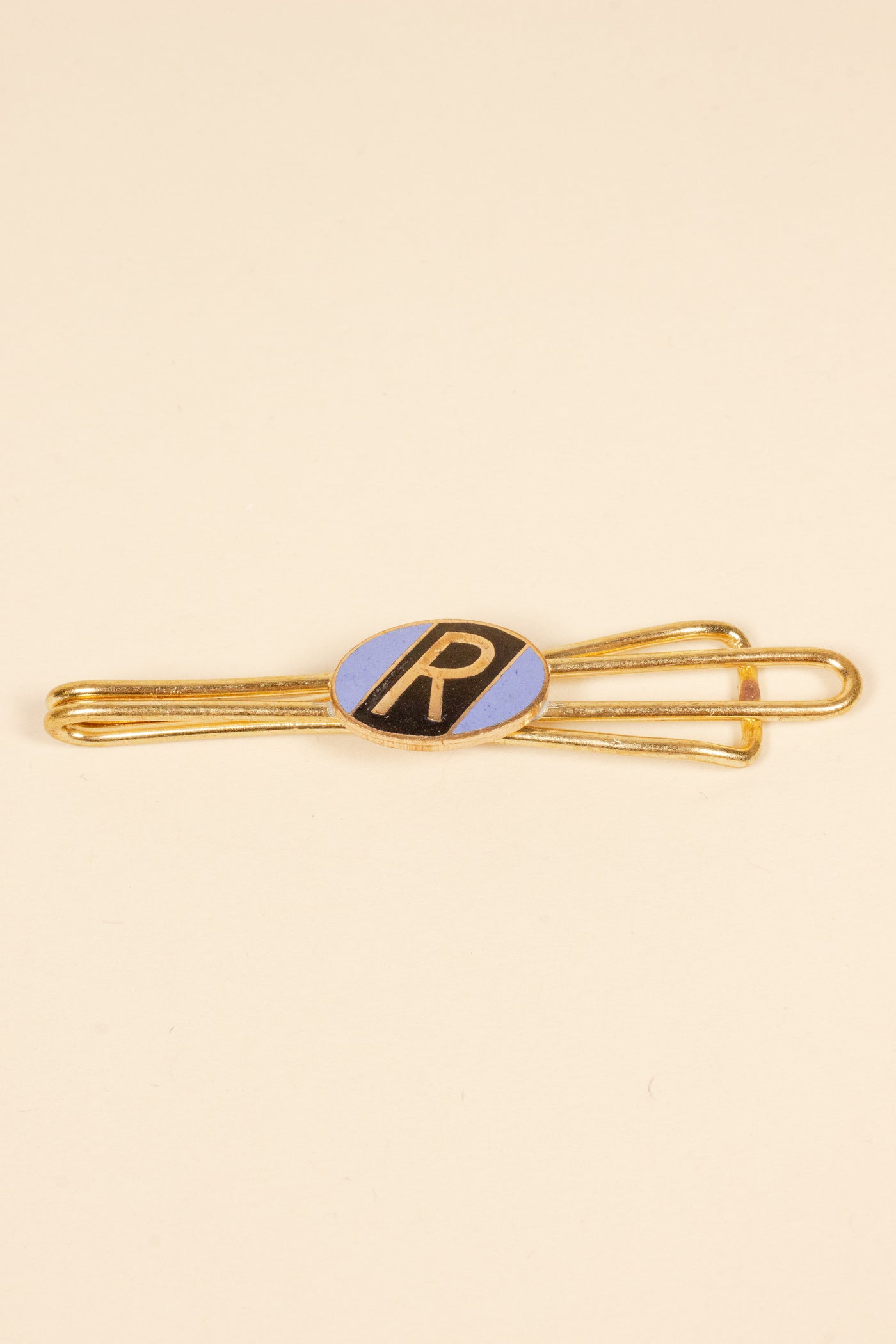 1930/1940s ENAMELED NEW OLD STOCK BRASS TIE CLIPS WITH INITIAL, LETTER "R"