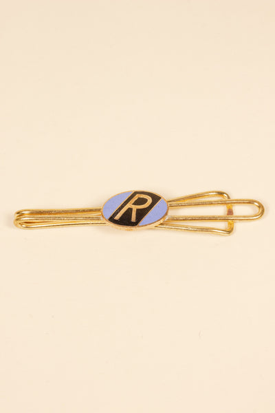 1930/1940s ENAMELED NEW OLD STOCK BRASS TIE CLIPS WITH INITIAL, LETTER "R"