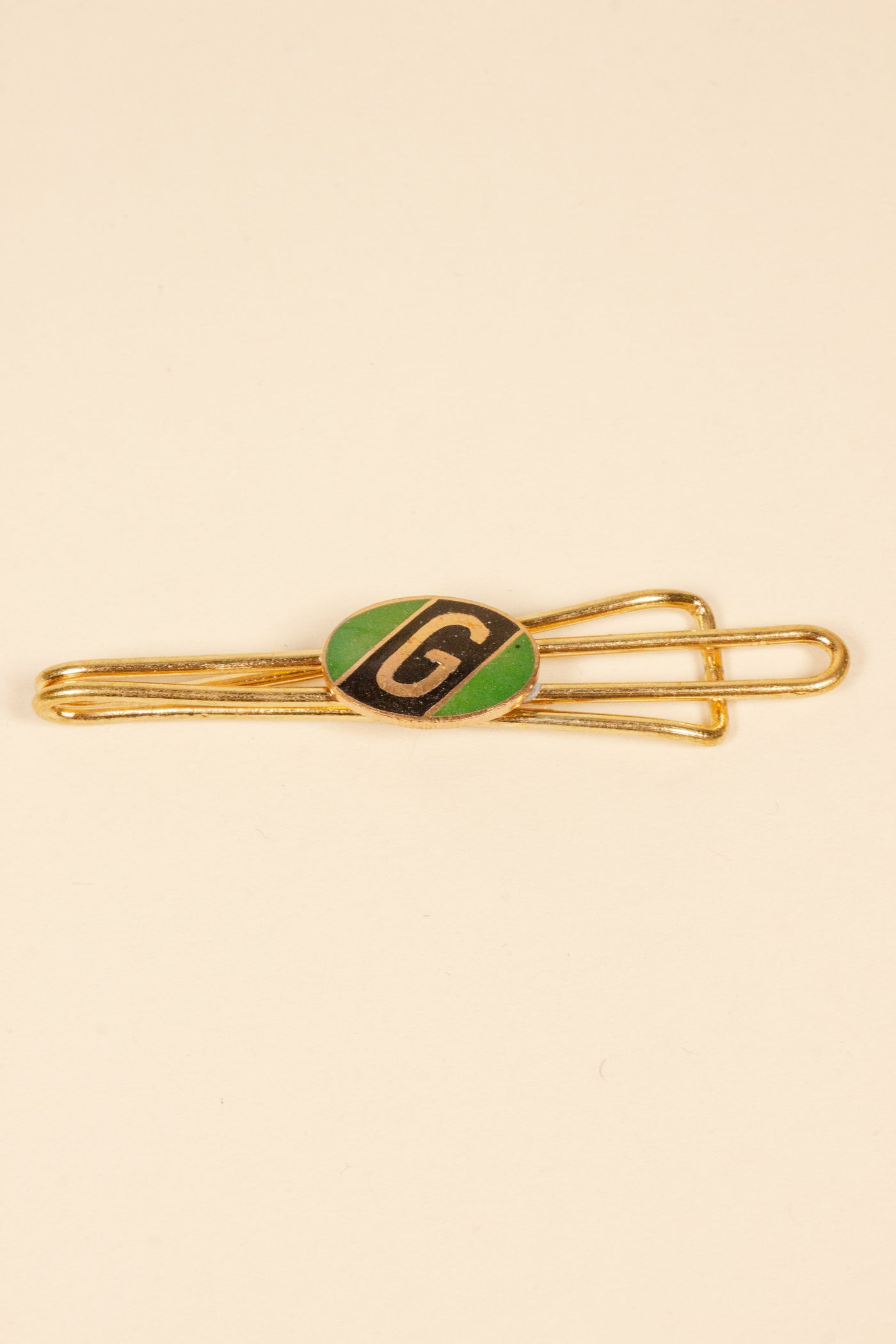 1930/1940s ENAMELED NEW OLD STOCK BRASS TIE CLIPS WITH INITIAL, LETTER "G"