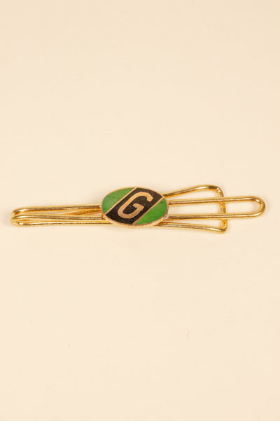 1930/1940s ENAMELED NEW OLD STOCK BRASS TIE CLIPS WITH INITIAL, LETTER "G"