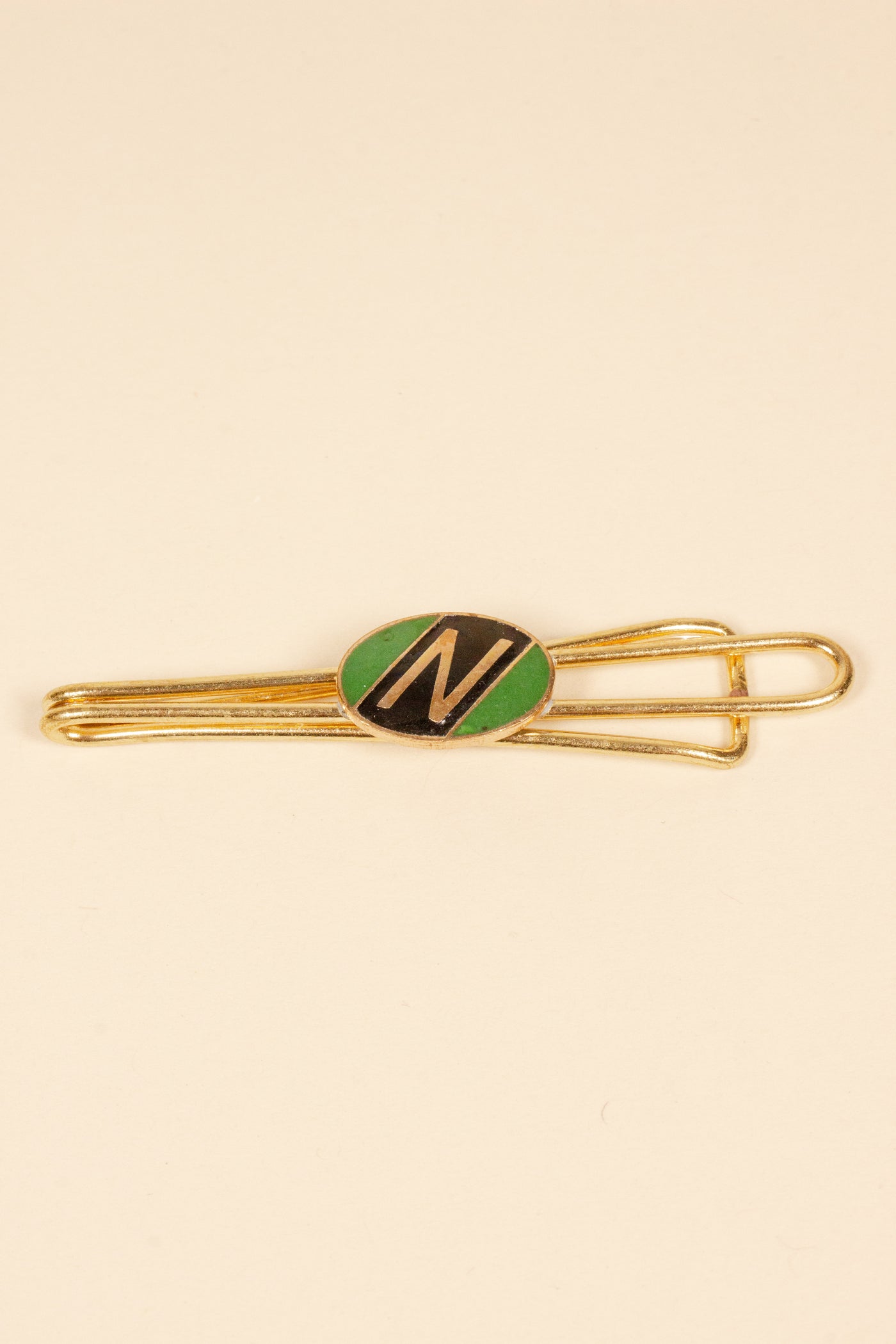 1930/1940s ENAMELED NEW OLD STOCK BRASS TIE CLIPS WITH INITIAL, LETTER "N"