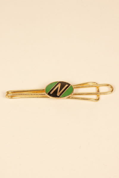 1930/1940s ENAMELED NEW OLD STOCK BRASS TIE CLIPS WITH INITIAL, LETTER "N"