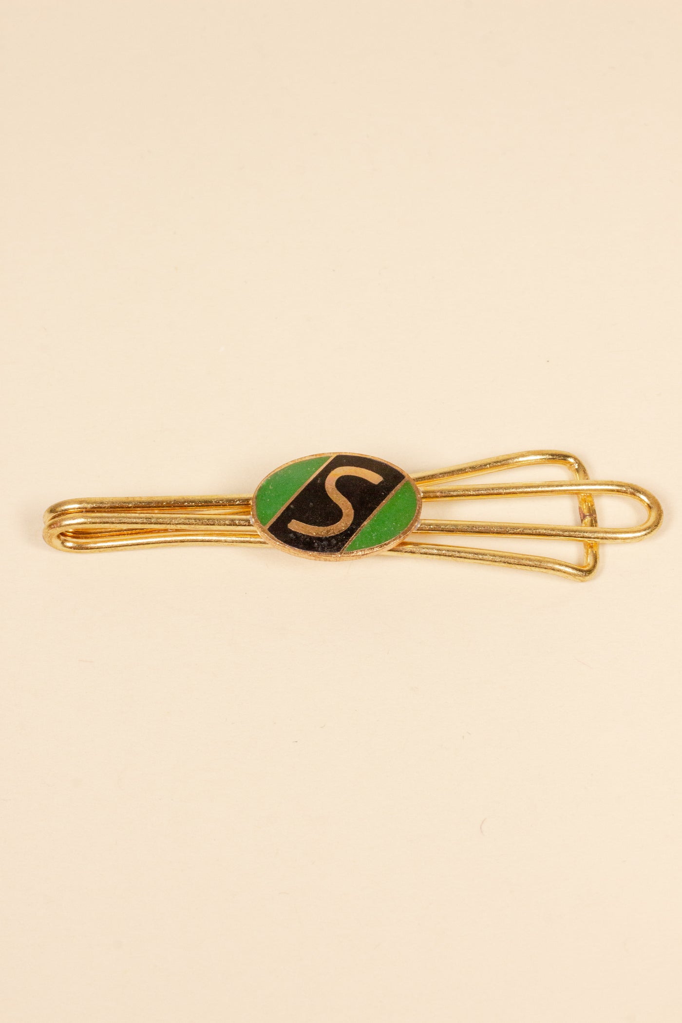 1930/1940s ENAMELED NEW OLD STOCK BRASS TIE CLIPS WITH INITIAL, LETTER "S"