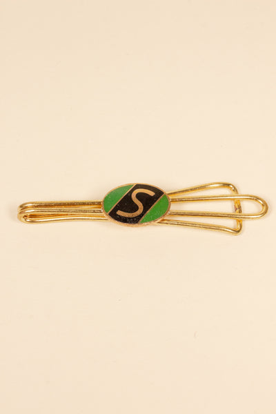 1930/1940s ENAMELED NEW OLD STOCK BRASS TIE CLIPS WITH INITIAL, LETTER "S"
