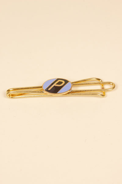 1930/1940s ENAMELED NEW OLD STOCK BRASS TIE CLIPS WITH INITIAL, LETTER "P"