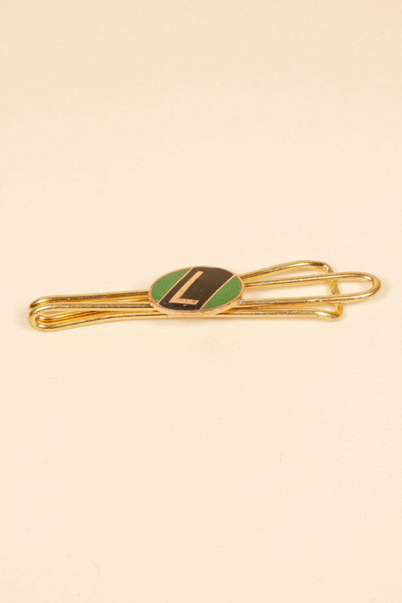 1930/1940s ENAMELED NEW OLD STOCK BRASS TIE CLIPS WITH INITIAL, LETTER "L"