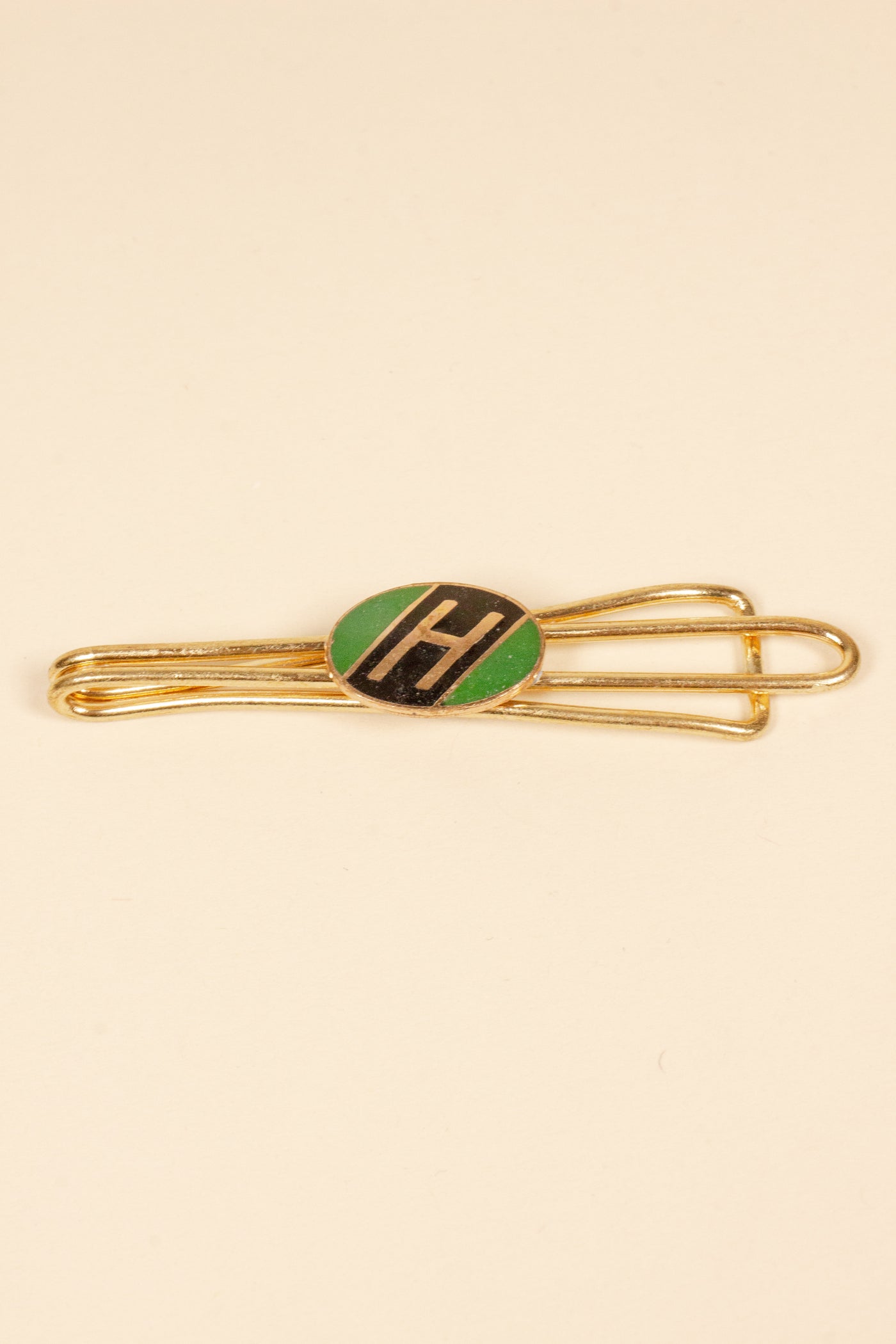 1930/1940s ENAMELED NEW OLD STOCK BRASS TIE CLIPS WITH INITIAL, LETTER "H"