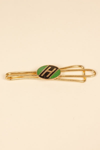 1930/1940s ENAMELED NEW OLD STOCK BRASS TIE CLIPS WITH INITIAL, LETTER "H"